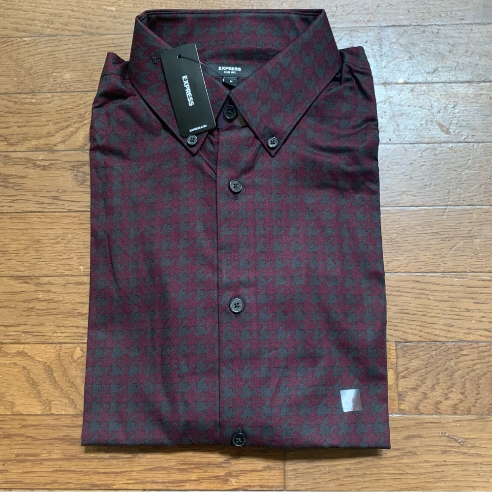 Express Men's Burgundy and Black Houndstooth Dress Shirt